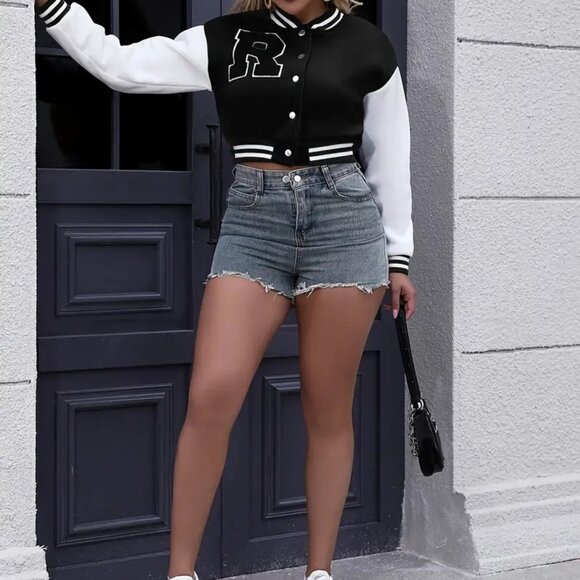 Elegant R Print Bomber Jacket Crop Button Front Jacket - Picture 4 of 4